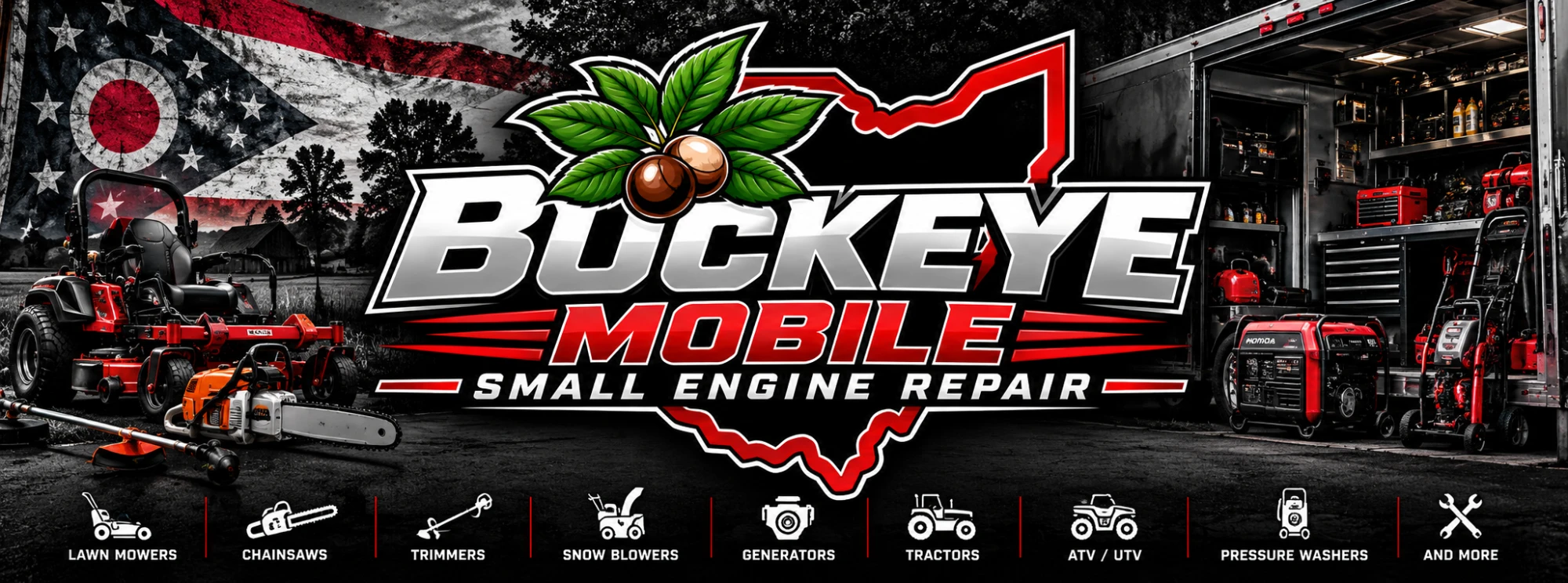 Buckeye Mobile service trailer with mowers, chainsaws, trimmers, snowblowers, generators, tractors, ATVs and pressure washers